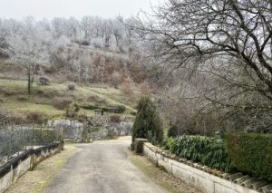 Chemin rural enneigé entouré d'arbres et collines.