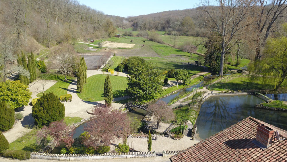 Jardin paysager avec étang et ponts en bois.